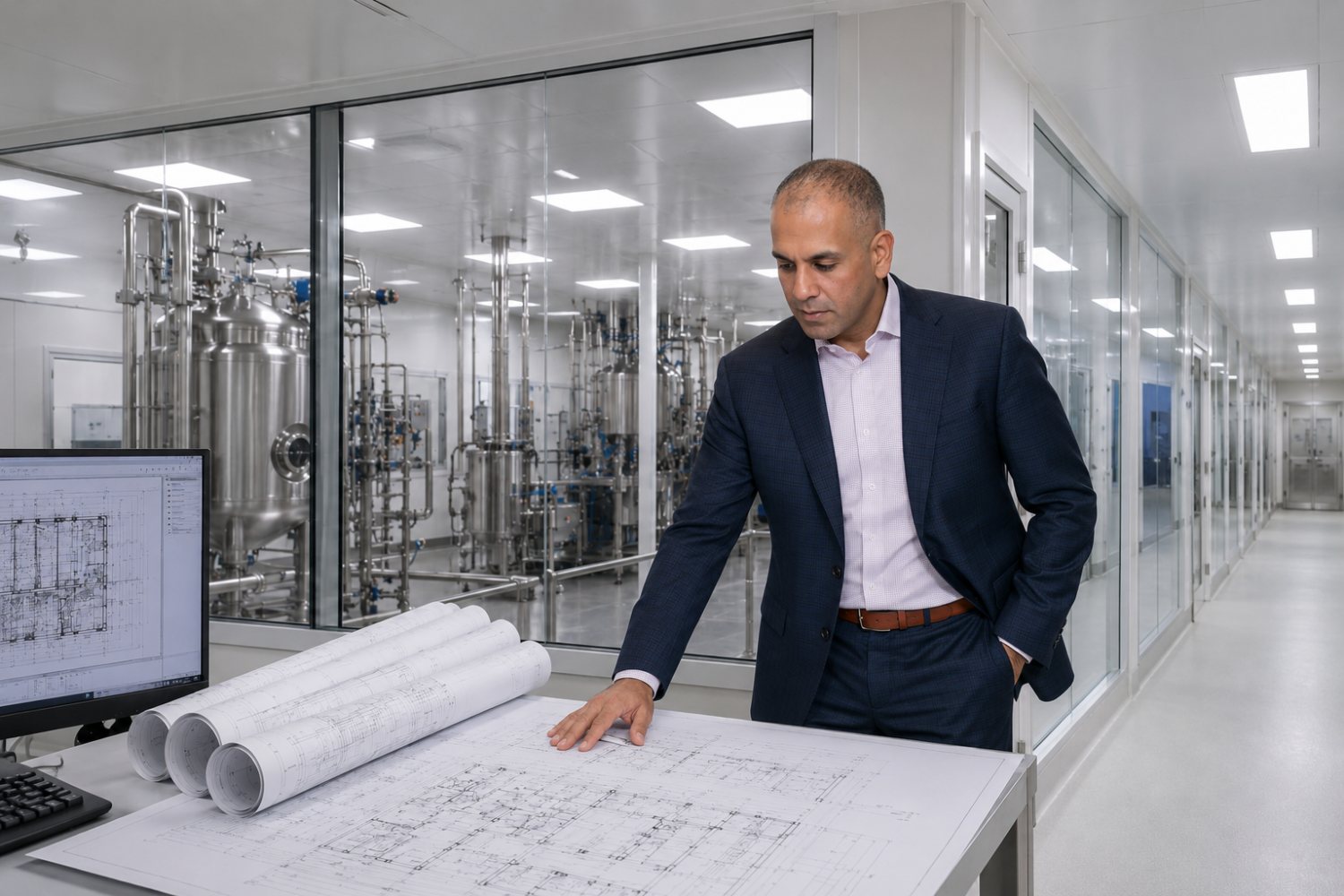 Consultant reviewing pharmaceutical facility blueprints beside a cleanroom suite