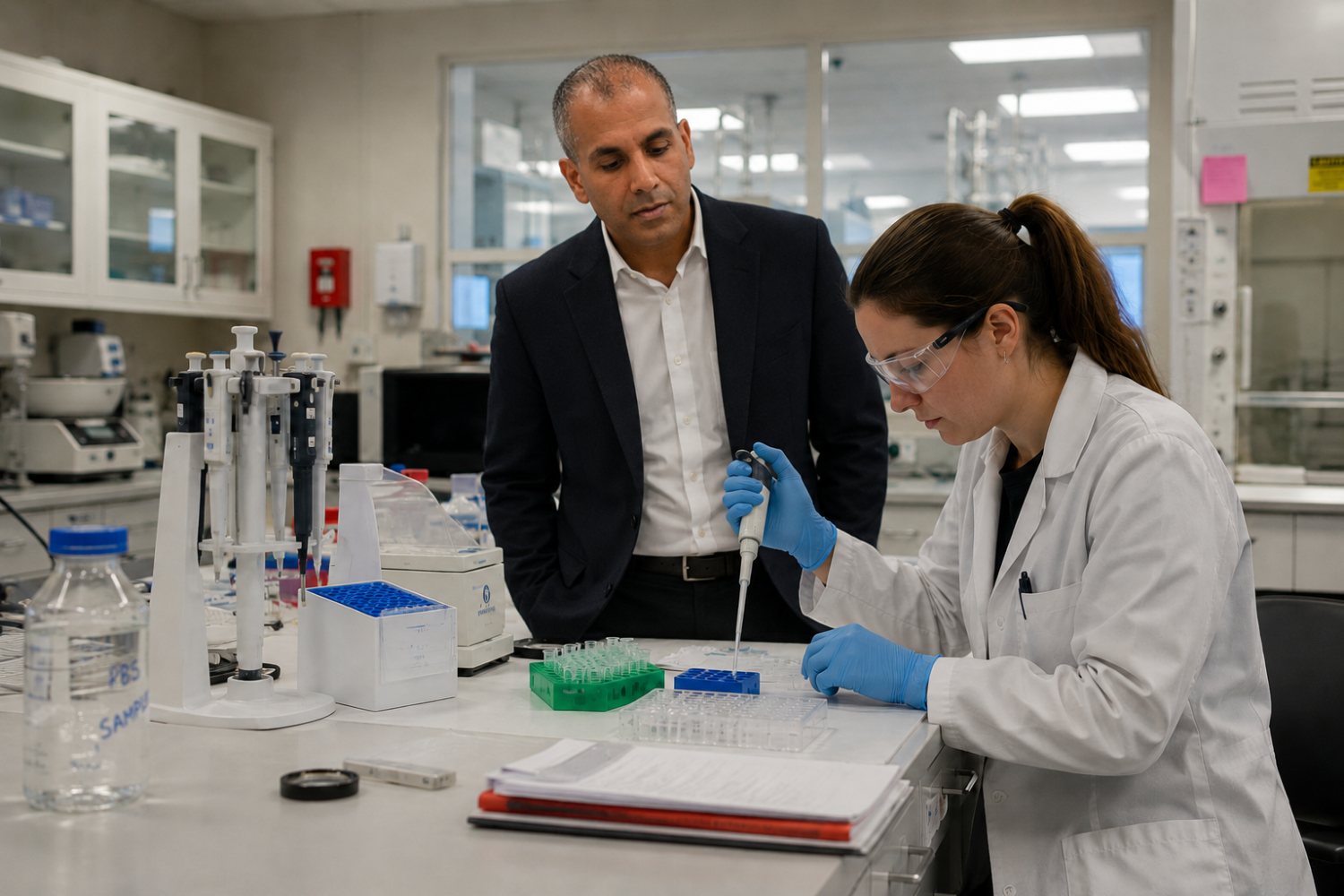 Pharmacist and formulation scientist pipetting samples in a development laboratory