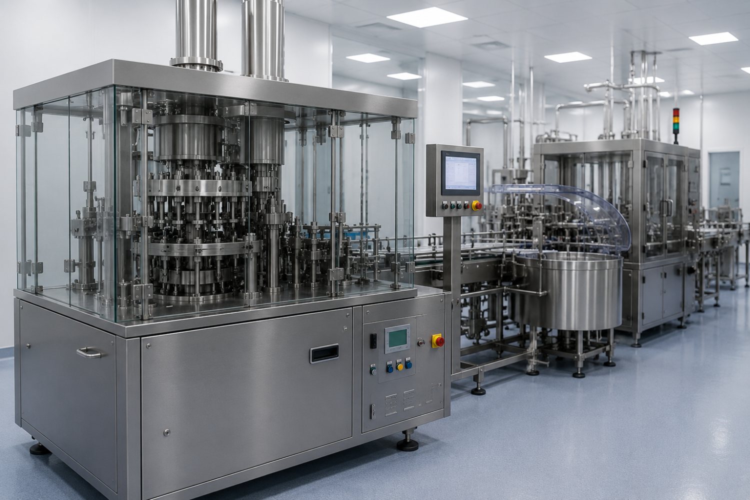 Automated pharmaceutical filling and packaging equipment in a production suite