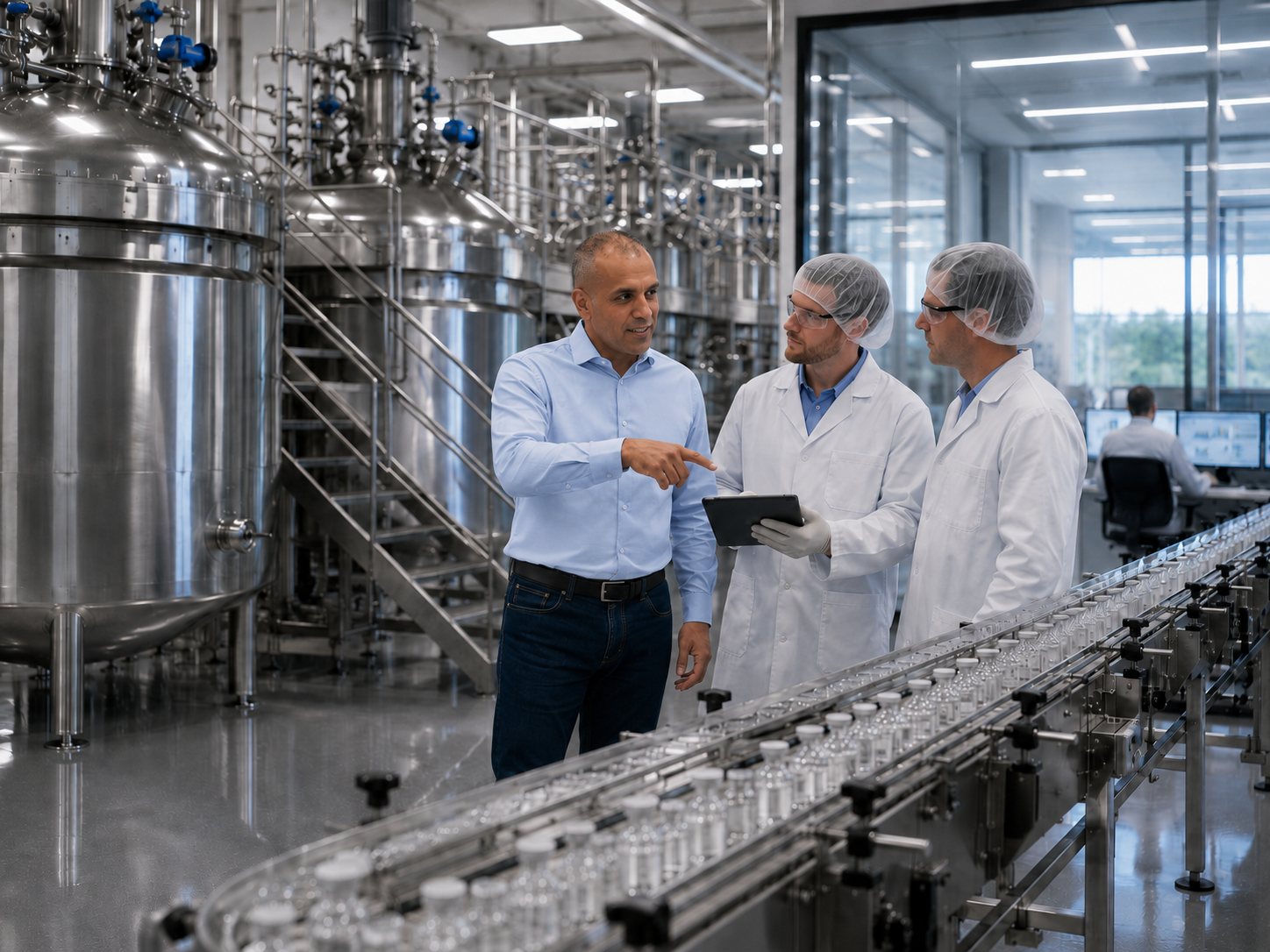 Consultants walking a commercial pharmaceutical production line during scale-up