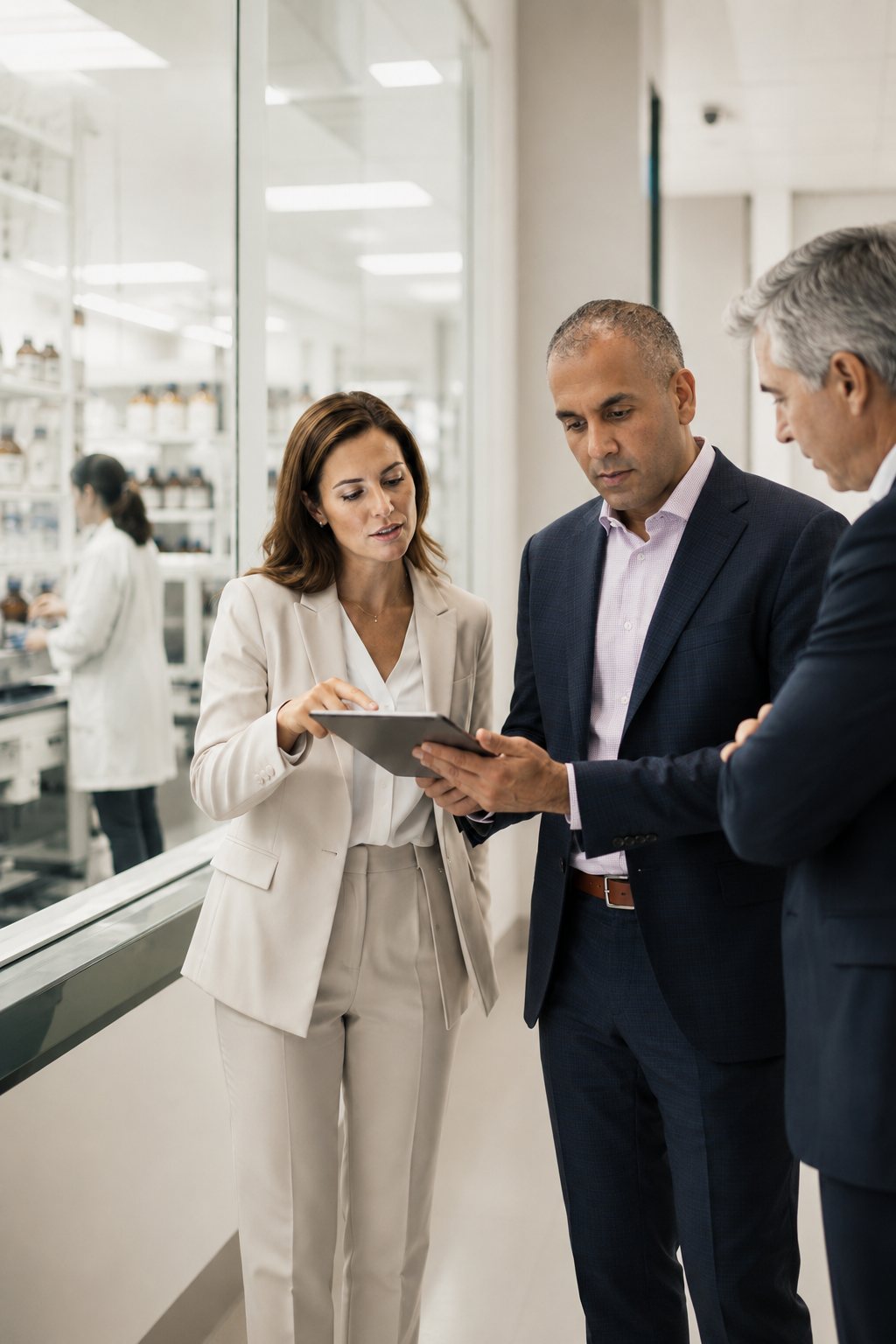 Pharmaceutical consultants reviewing operational plans with a client team outside a production area