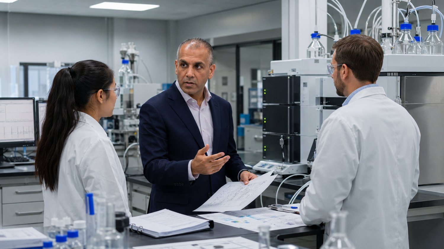 Analytical laboratory team reviewing method development with chromatography instruments