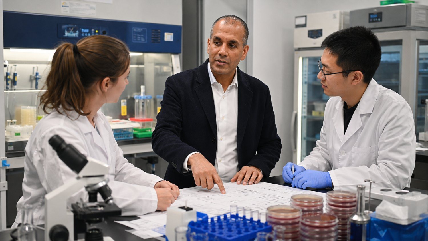 Microbiology laboratory team reviewing sterility and environmental monitoring plans
