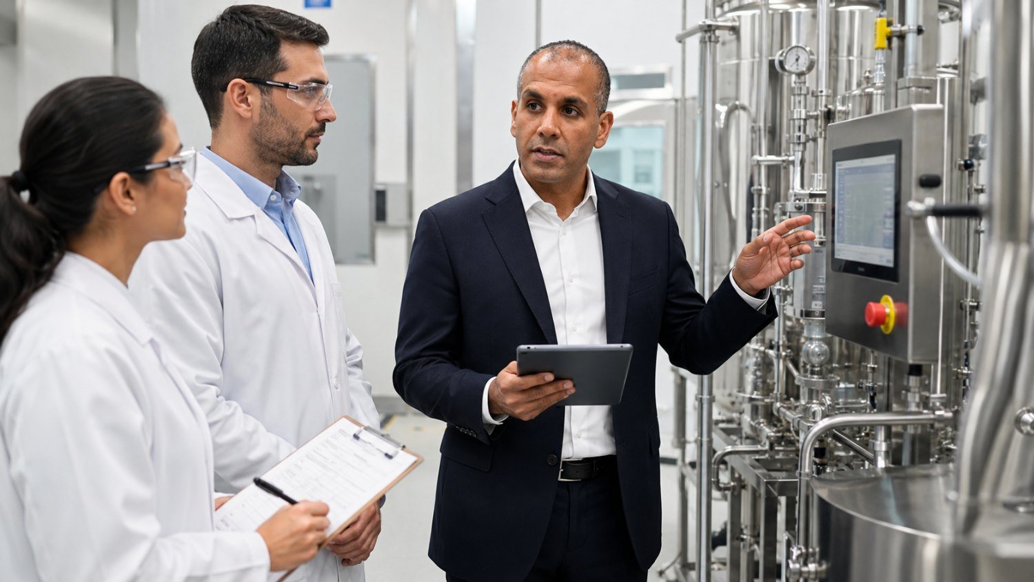 Consultant leading a quality assurance walkthrough in a pharmaceutical facility