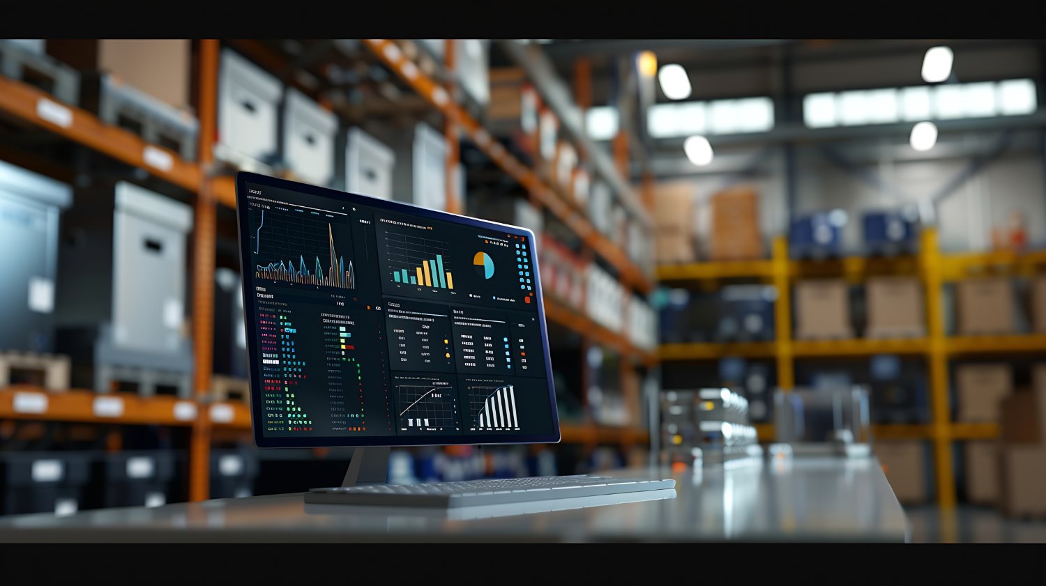 Pharmaceutical operations analytics dashboard on a screen in a distribution warehouse